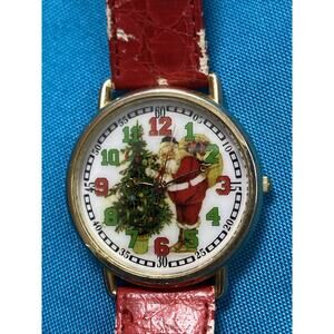 Nelsonic Womens Gold Red Christmas Vintage Santa Watch Works New Battery